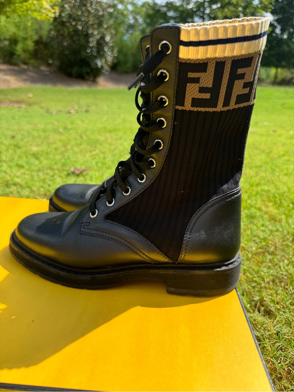 AUTHENTIC FENDI Rockoko FF Logo Combat Boots Black Leather EU 38 - Picture 8 of 17